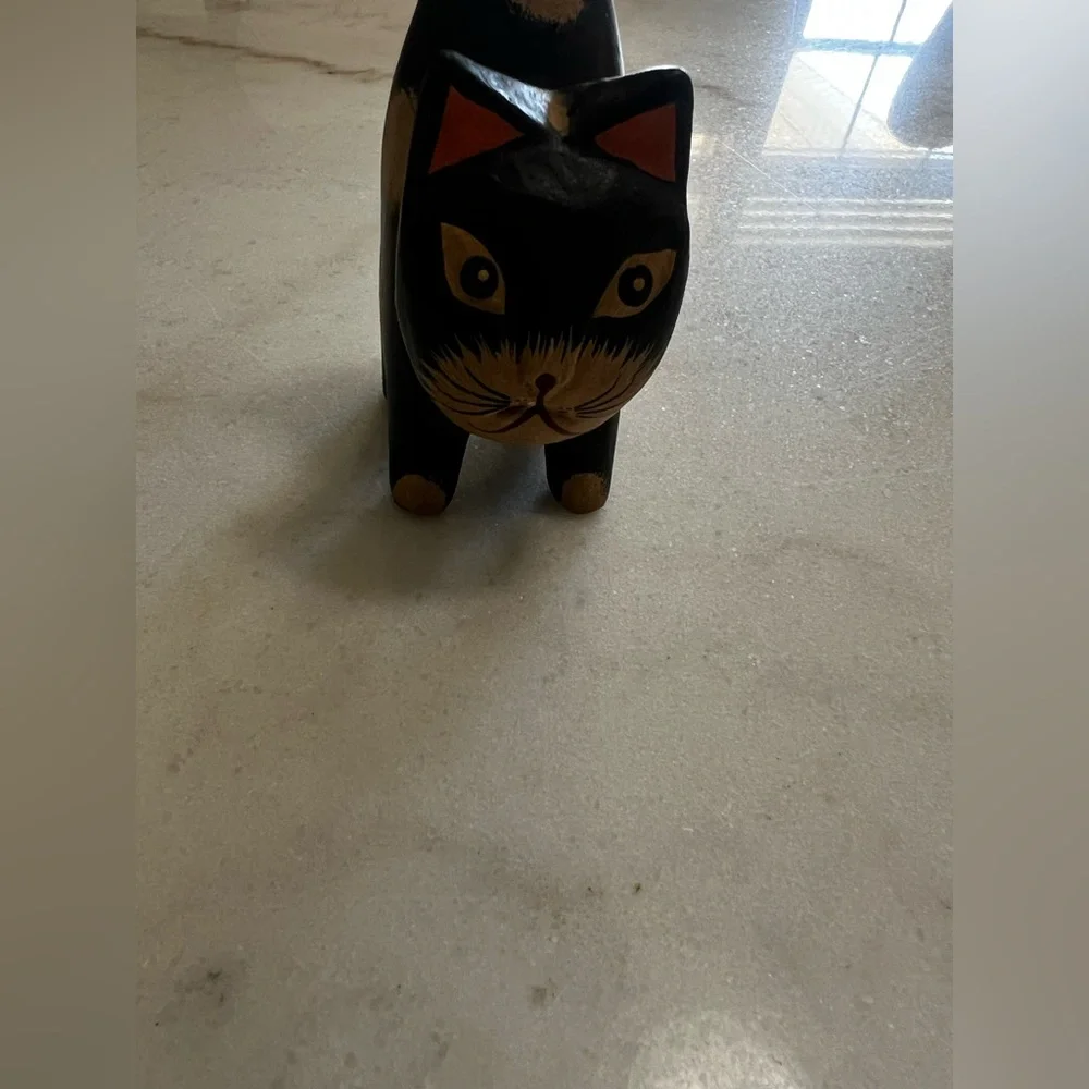 VTG Hand Carved Wooden Black Cat Figurine Folk Art Hand Painted Spotted Kitty